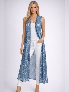 Cha Cha Vente NWT Long Paisley Duster Vest Sheer Blue Boho Size Medium